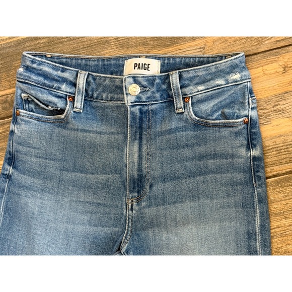 Paige Anessa Straight High Rise Raw Hem Blue Jeans Size 28x26 Ankle Stretch EUC - Picture 3 of 10